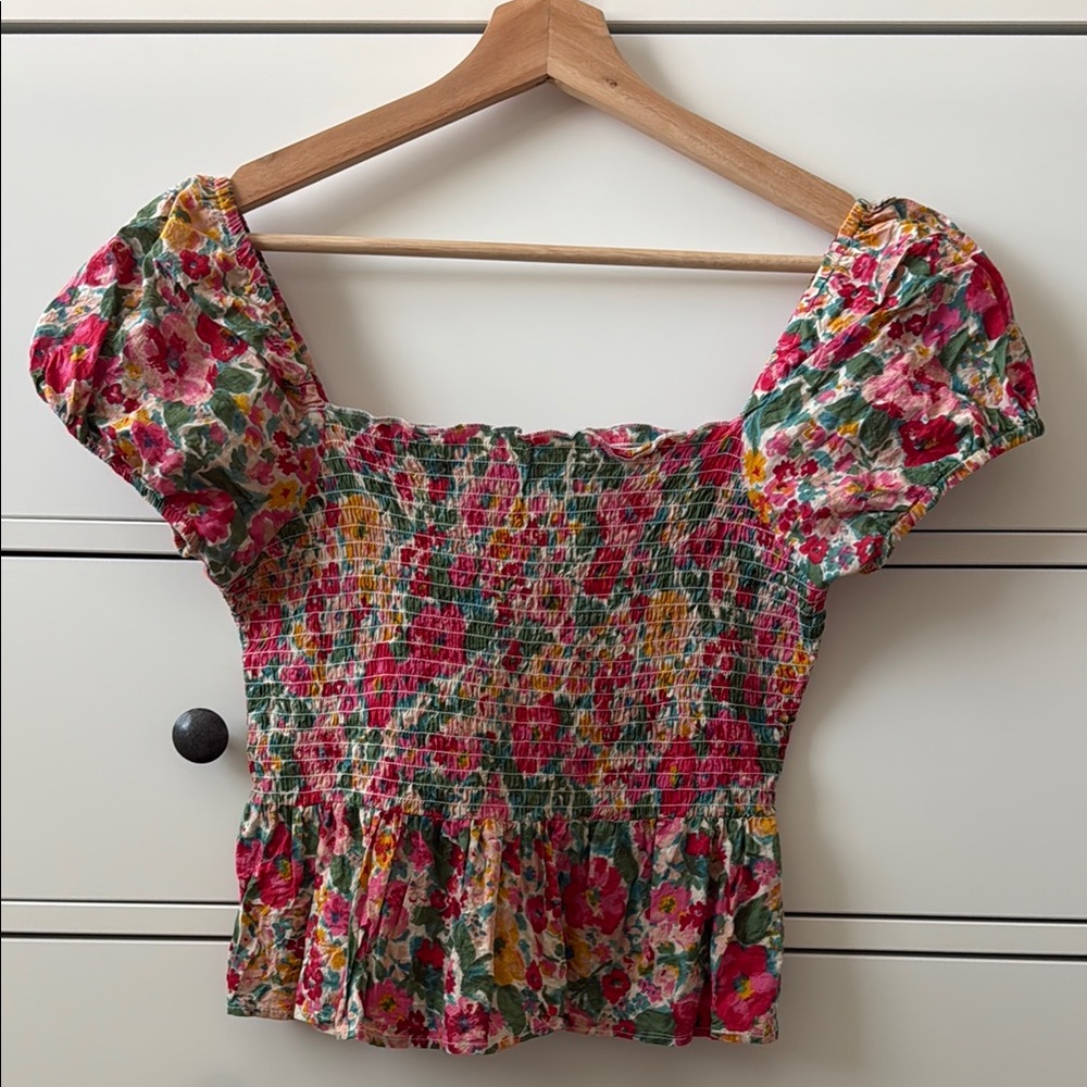 Pink and Red Puff Sleeve Smocked Blouse